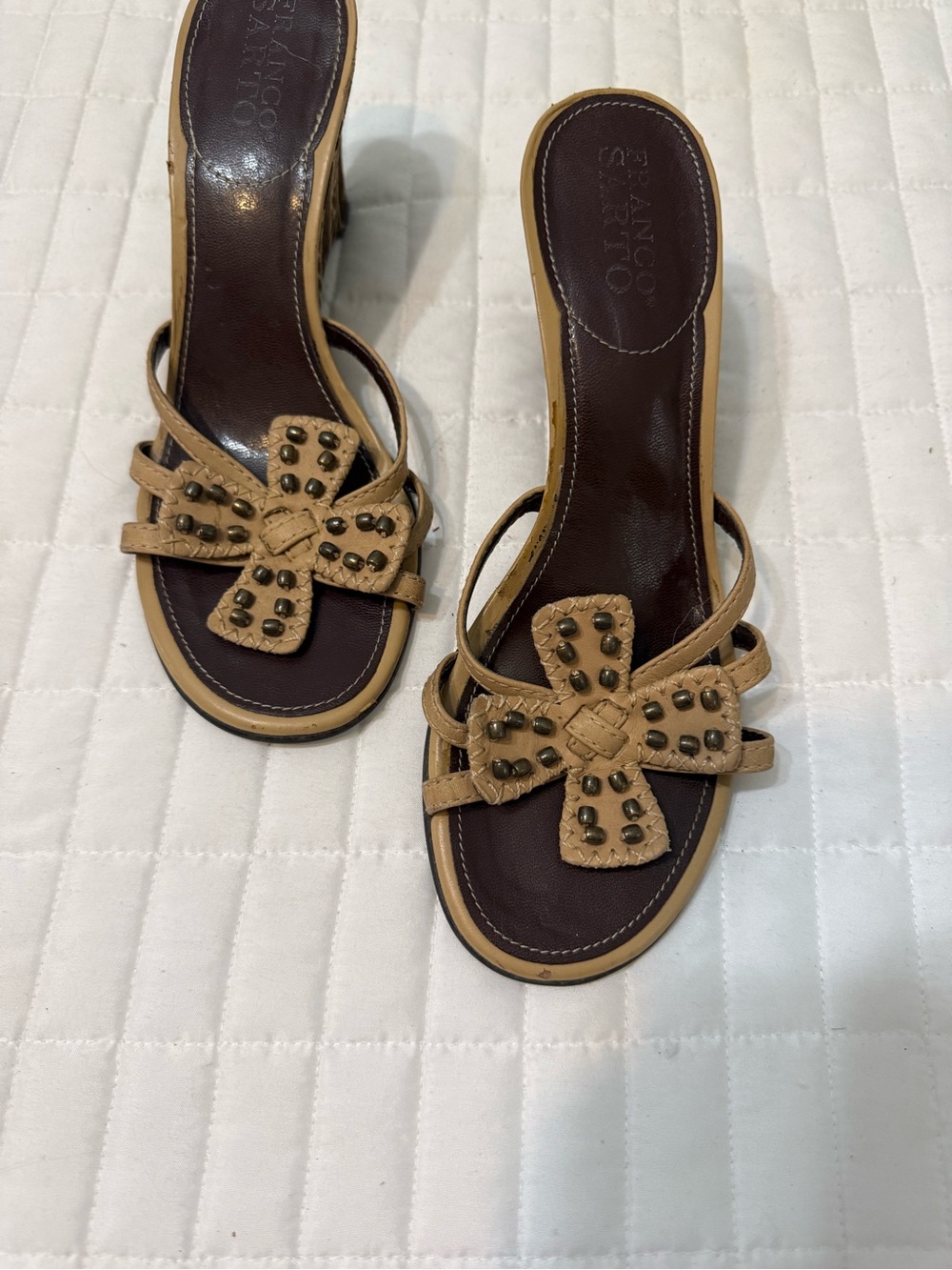 Franco Sarto Tan Studded Cross Strap Slide Mules